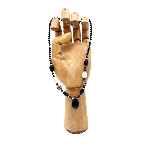 Sterling Silver Faceted Onyx Bead Necklace Oval Coin Pearls Toggle Latch 925 18" - Picture 1 of 7